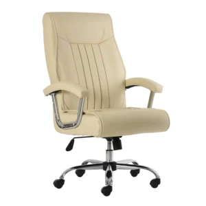 silla de oficina ergonómica tapizada en negro con base cromada y respaldo alto