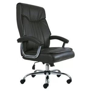 silla de oficina ergonómica tapizada en negro con base cromada y respaldo alto
