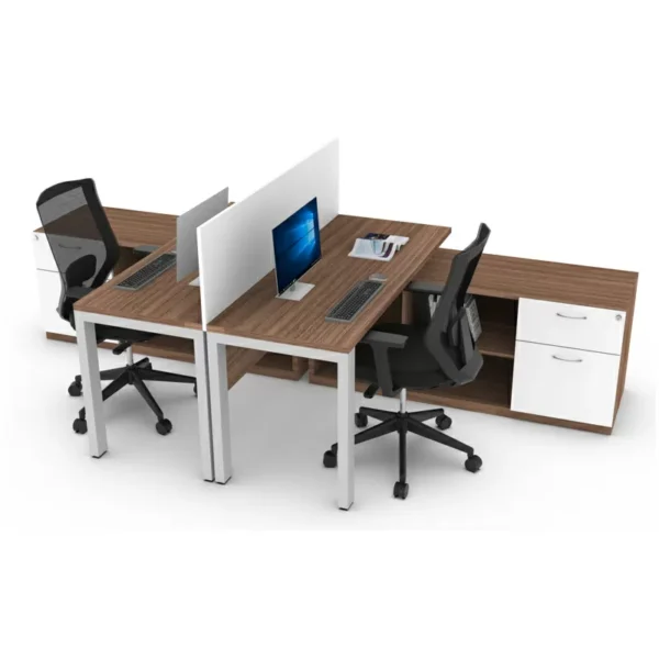 estación de trabajo para oficina moderna, escritorio colaborativo con credenza lateral y divisor central blanco