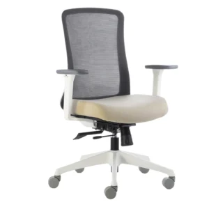 silla operativa blanca luxor con respaldo de malla gris y brazos 3d