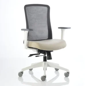 silla operativa blanca luxor con respaldo de malla gris y brazos 3d