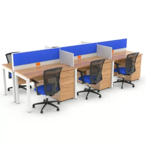 estación de trabajo King para seis usuarios con cajoneras y divisores tapizados azules