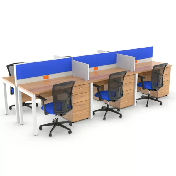 estación de trabajo King para seis usuarios con cajoneras y divisores tapizados azules