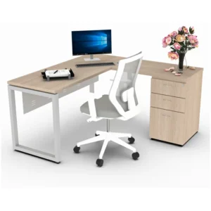 escritorio secretarial galaxy en escuadra metálica con cajonera y acabado color olmo volga
