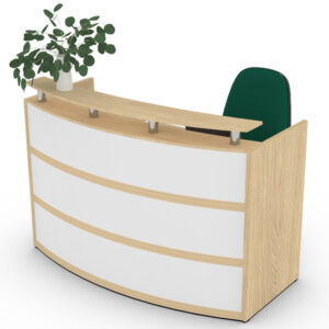 mueble de recepción bombay curvo con panel blanco y laterales de madera clara