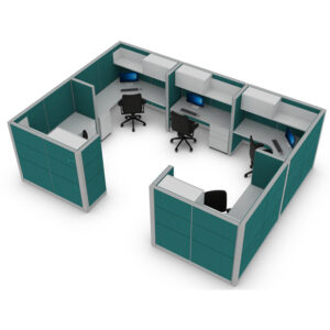 cubículos semi-privados para oficina con paneles verdes y diseño cerrado