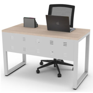 mesa de trabajo operativa galaxy con estructura metálica negra y cubierta color olmo