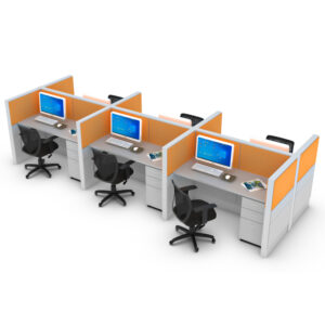 sistema de mamparas paratia para oficina con seis estaciones modulares y paneles naranja