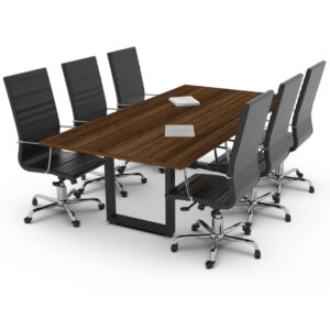 mesa para sala de juntas ramec con base metálica negra y cubierta en madera