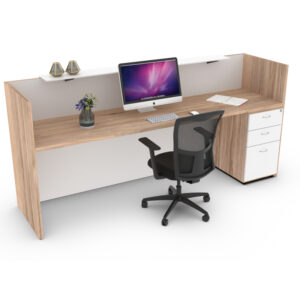 mueble de recepción olmo con cajonera blanca y diseño moderno