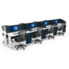 estación modular para 6 personas con divisores curvos azul oscuro y escritorios blancos