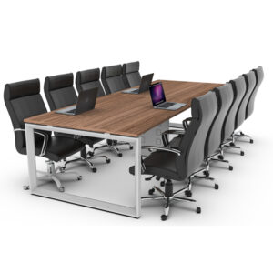 mesa para sala de juntas trekant con base metálica gris y sillas ejecutivas negras
