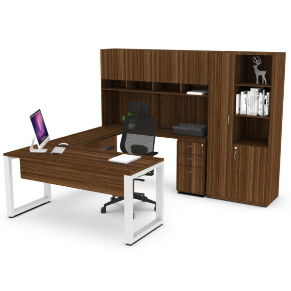 conjunto de dirección cuadro deluxe escritorio en l madera oscura con librero y almacenamiento