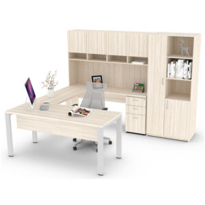 conjunto de dirección italo deluxe con escritorio en l, cajonera y librero en madera clara