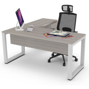 escritorio ejecutivo moderno cuadro en escuadra con base blanca y superficie madera clara