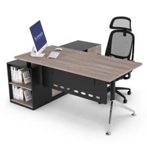 escritorio ejecutivo moderno dunkel con credenza lateral y librero en color negro y madera clara