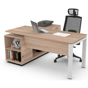 escritorio ejecutivo italo con credenza lateral en madera clara y estructura metálica blanca