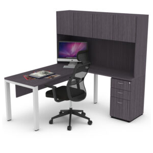 escritorio ejecutivo moderno italo en escuadra con librero superior y cajonera lateral