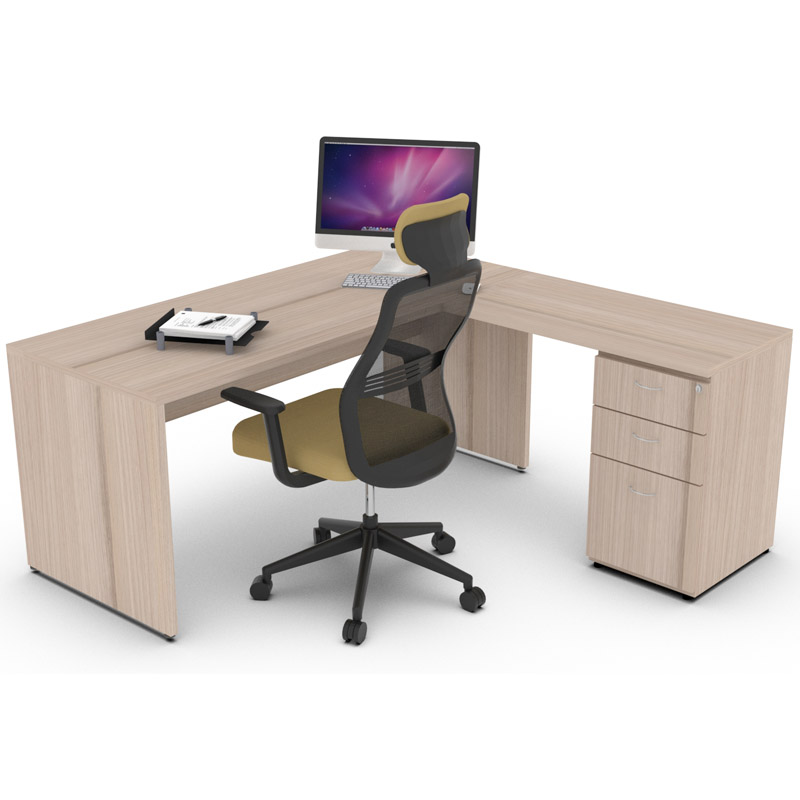 escritorio ejecutivo en escuadra Olimpo con cajonera lateral y acabado en madera clara