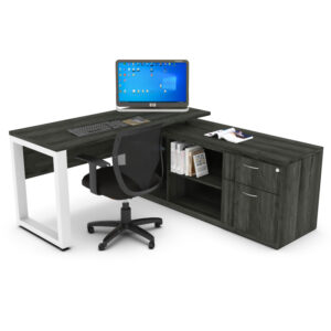 escritorio operativo con credenza cuadro color gris oscuro y estructura blanca