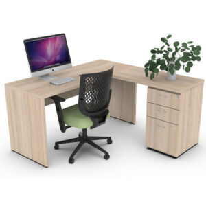 escritorio operativo en escuadra modelo olimpo con cajonera lateral en madera clara