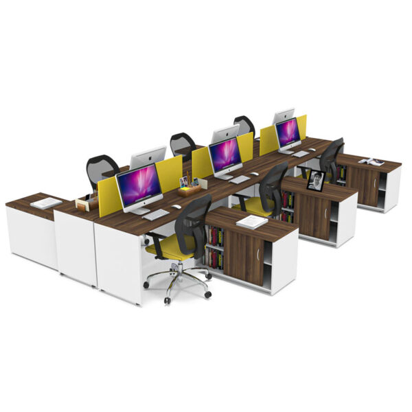 estación de trabajo para 6 personas Pino con divisores amarillos y superficie color madera