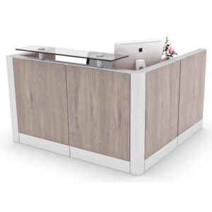 mueble de recepción metallic en L con vidrio templado y acabado madera clara