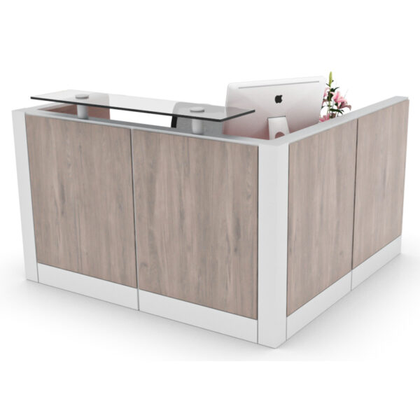 mueble de recepción metallic en L con vidrio templado y acabado madera clara